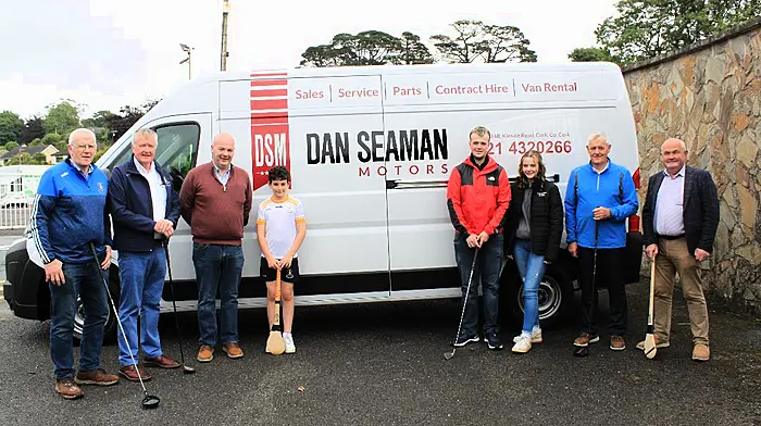 Martin Kelly, Brendan Fogarty, Ger Seaman (event sponsor), Conor Kelly, Daniel Seaman, Millie Seaman, Niall Morrissey and Phil Murphy (chairperson, Bandon GAA) at the official launch of the Bandon GAA Club’s golf classic which will be played on Friday July 4th at Bandon Golf Club.