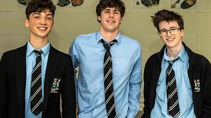 Darragh Walsh, Conall McAuley and Will Cooper from Bandon Grammar School were all smiles before their English paper 2 Leaving Cert exam. (Photo: Andy Gibson)