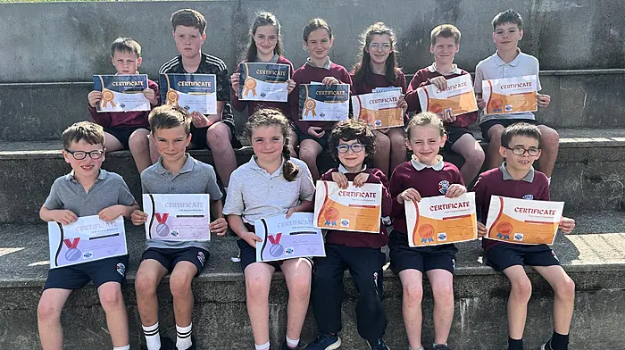 Pupils at Rath National School who were awarded with certificates and sports shop vouchers for fantastic attendance at school this year are, back: Cillian O’Mahony, Senan Whooley, Ellen and Méabh Collins (missed no days), Éabha O’Donovan, Darragh Murphy and Max Musgrave, Front: Jerry O’Mahony, Muireann Daly and Odhran Hannick (missed two days), Ellie Hannick, Rory Keane and Eoghan Collins (missed one day).