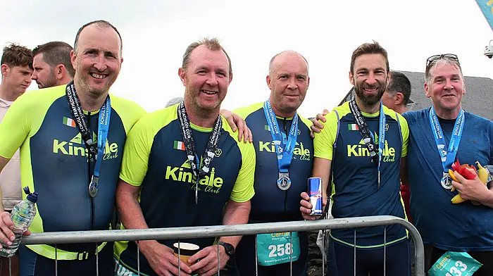 Barry Cronin, Tim Finn, Ronan Nagle, Kieran O'Sullivan and Brian Murphy from the Kinsale Tri Club after completing the Brosnan's Centra Fastnet Triathlon in Schull.  (Photo: Terry Attridge)