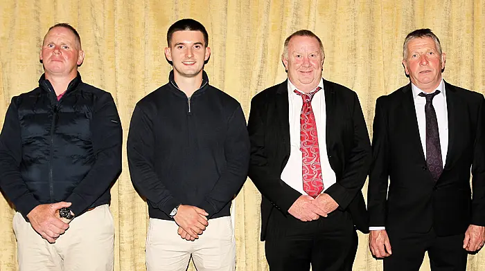 Special guest and Cork hurler Shane Kingston with Goleen football team management Shane O'Neill, manager; Jerry Cullinane, selector, and Kieran O'Sullivan, selector.