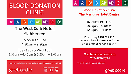 Blood donation clinics for Bantry and Skibbereen Image