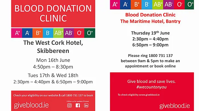 Blood donation clinics for Bantry and Skibbereen Image