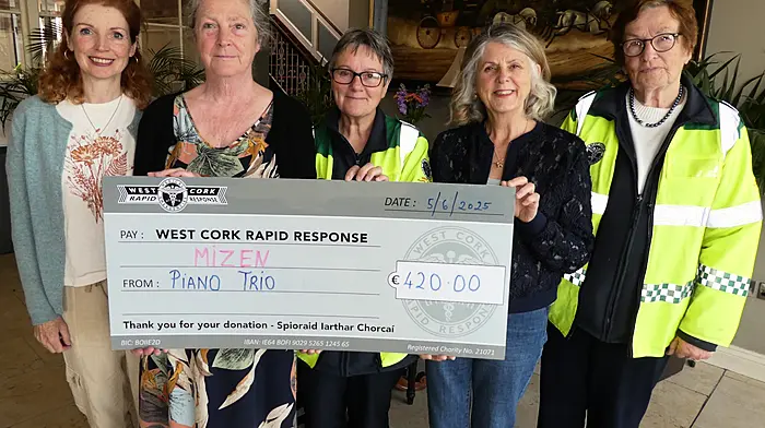 The Mizen Piano Trio presented €420, the proceeds of their recent concert, to West Cork Rapid Response. From left: Nora Killeen (violin), Susan Nares (piano), Kate Crowley (WCRR), Diana Llewellyn (cello) and Betty Hennessy (WCRR).