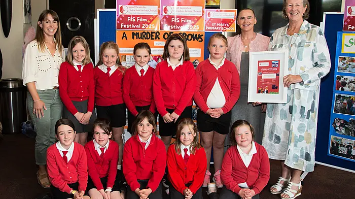 St Mary's National School, Rosscarbery won the Best Acted film for their film ‘A Murder of Crows’ which was part of the Film in Schools (FÍS) project and which was recently screened at Bantry Cinemax. Accepting the award from Dr Dympna Daly were Eva Roche, Grace Hayes, Orla Murphy, Eimear Ahern, Anna O'Donovan, Abigail Moore, Isabelle O'Keeffe, Caoimhe Hayes, Ella Donoghue and Nia Kingston.   Dr Daly also thanked Harriet McCormick and Chrissie O'Mahony for organising the Film in Schools project at West Cork Education Centre.