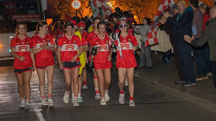 The Cork LGFA U14 team, after their victory over Galway in Nenagh, arrived at Timoleague, the hometown of their captain Aoife Harte to a large crowd of supporters who had gathered to welcome the winners. The team paraded through the village lead by piper Michael Heaney before celebrations commenced in the local community hall. Other local members of the team included Niamh Doyle, Aoife Walsh, Kate Collins and Aibhlin McCarthy.