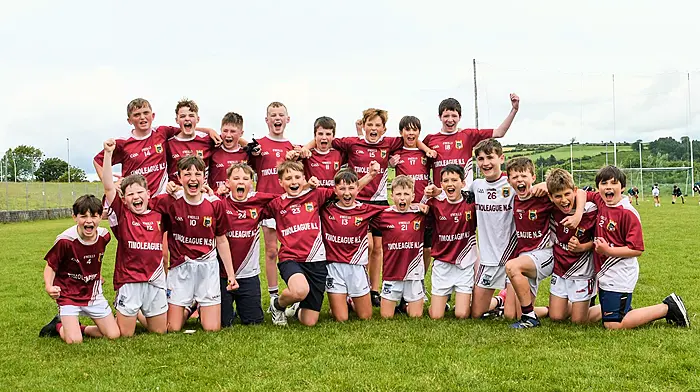 The happy group of players from Timoleague National School after their Sciath na Scol victory over Lauragh in Clonakilty last Thursday.