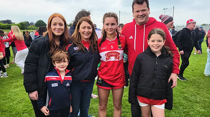 Grace O’Sullivan from the Tadhg MacCarthaigh club lined out for Cork on Sunday and lifted the U14 platinum All-Ireland cup. Grace celebrated the win with her family Ella, John, Louise, Sean and Katie.