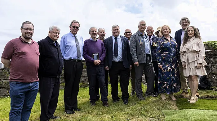 Rosscarbery and District History and Heritage Society unveiled a memorial recently to those from the district who fell during World War One. The guest speaker on the day was Gerry White of the Western Front Association. Also included are members of the local historical society: John O'Donovan, Fr Martin O'Driscoll, John Hayes, John Hodnett, Con O'Callaghan, Gerry White (guest speaker), George Maguire, Don Healy, Willie Joe Hayes, Clodagh Connaughton, Anne Marie Daly, Chris Peters and Julie O'Regan.