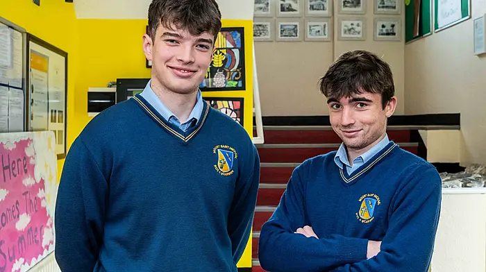 Rosscarbery, West Cork, Ireland. 6th Jun, 2025. Today is the third day of the Leaving Cert exams in Bandon Grammar School, with students taking geography this morning and maths this afternoon. Mount St. Michael's School students Eamon O'Donoghue and Donal O'Donovan ready for the geography exam. Picture: Andy Gibson.