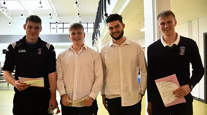 Leaving Cert students at Skibbereen Community School after finishing English Paper 2 from left,
Cillian French, Frank Hurley, Andrew O'Driscoll and Eoin O'Sullivan. Photo; Anne Minihane.