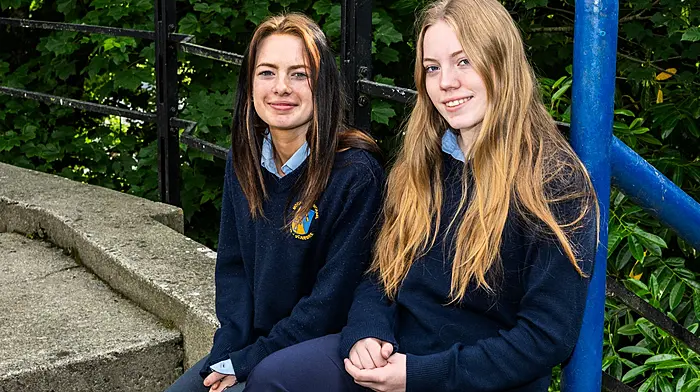 Rosscarbery, West Cork, Ireland. 6th Jun, 2025. Today is the third day of the Leaving Cert exams in Bandon Grammar School, with students taking geography this morning and maths this afternoon. Mount St. Michael's School Junior Cert students Rachel O' Regan and CHeyenne Keogh before their history exam this morning. Picture: Andy Gibson.