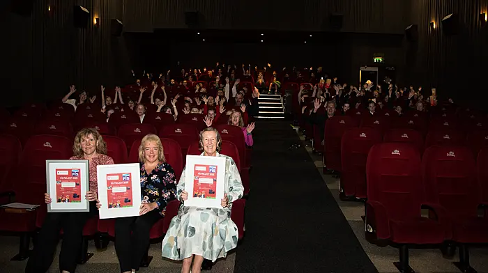 Harriet McCormick, Chrissie O'Mahony and Dr Dympna Daly, director West Cork Education Centre, with all the participating schools enjoying the children’s original films at a special screening at Bantry Cinemax as part of the Film in Schools (FIS) project.    (Photo: Adrian Cronin)
