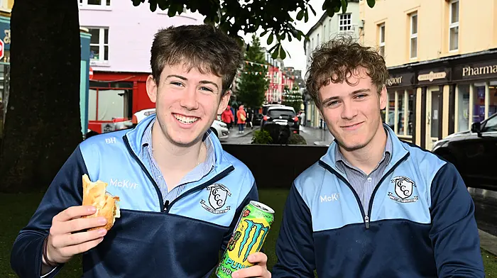 Clonakilty Community College Junior Certificate students Bertie Harimngton (left) and Dylan Mulcahy, both from Clonakilty, taking a break during examinations. (Photo: Martin Walsh)