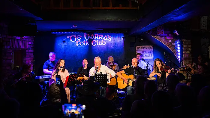 Barth Harrington (centre) and his all-star band performing onstage in De Barras of Clonakilty last Sunday night during a special sold-out concert in aid of Cairde Clonakilty Community Hospital. Also included are Margaret Deegan, Valerie Deady, John Fitzgerald, Deirdre Hayes, Martin Kingston, Jack Archbold, Ann McKiernan and Pat O'Grady. (Photo: Mark Coombes)