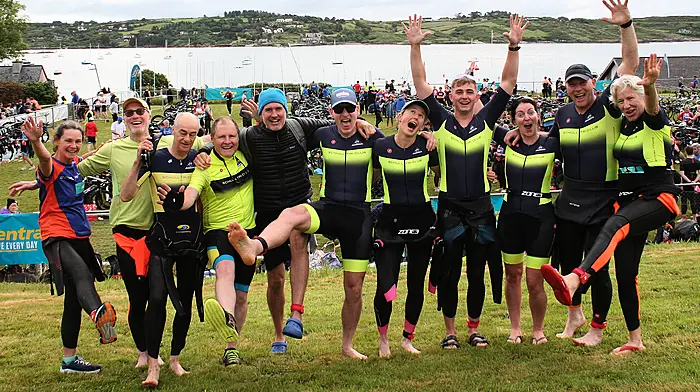 On home turf, the Schull Tri Club in a playful mood at the Brosnan's Centra Fastnet Triathlon held in Schull last weekend.   (Photo: Terry Attridge)