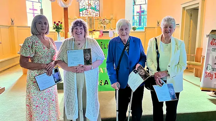 Congratulations to local ladies Vivienne Crowley (silver pin), Lilly McCarthy, Anna Deasy, Ann O'Hea (all gold pins), who received their PTAA awards in St Moluada's Church, Clogagh.