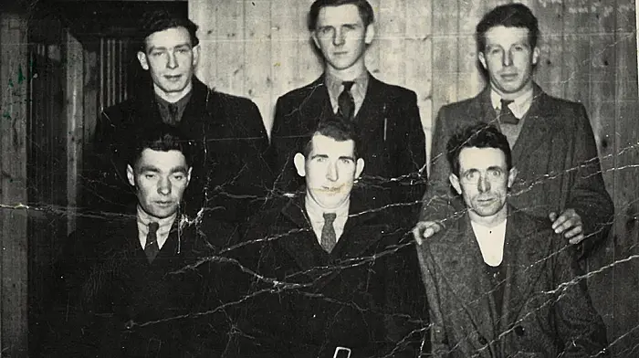 In Wagner's Hall, Ballinascarthy are  (back, from left): Denny Ryan, Tom Nyhan (Cappa) and Gerald Nyhan.  Front (from left):  Sonny Cahalane, Tossie Nyhan and Mickey McCarthy.   c1945.