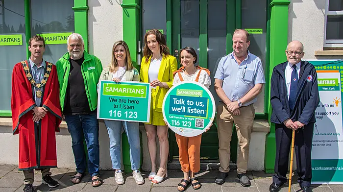 At the official opening of the Samaritans branch at Wolfe Tone Street, Clonakilty were Clonakilty mayor Conan O’Donovan, Samaritans director Jon Spencer, Cllr Ann Bambury, author Louise O’Neill, Cllr Isobel Towse, Michael Collins TD and John O’Carroll from the Irish Red Cross.   (Photo: Gearoid Holland)