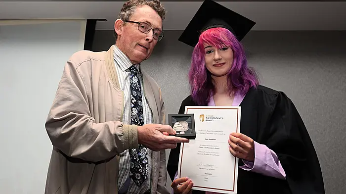 REPRO FREE.19/06/2025.Pictured is Gerard Griffin, National Co-ordinator at Youthreach, presenting Zero Stapleton, Ballincollig Youthreach Centre, with her Gaisce Presidents Award, at the Cork College of FET's Youthreach Programme (Cork ETB's Cork College of Further Education & Training), annual graduation ceremony, at the Talbot Hotel Cork, Ballincollig, Cork.Picture: Jim Coughlan.