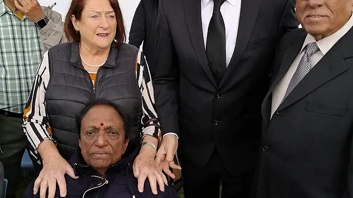 At the Air India commemoration ceremony last Monday was Angela Muckley, left, from Bantry who hosts an evening for the families of the 1985 disaster every year for the past 40 years. She is pictured with Padmini and Babu Turlapati, who lost both their children in the disaster, and also Taoiseach Micheál Martin who also attended the ceremony.