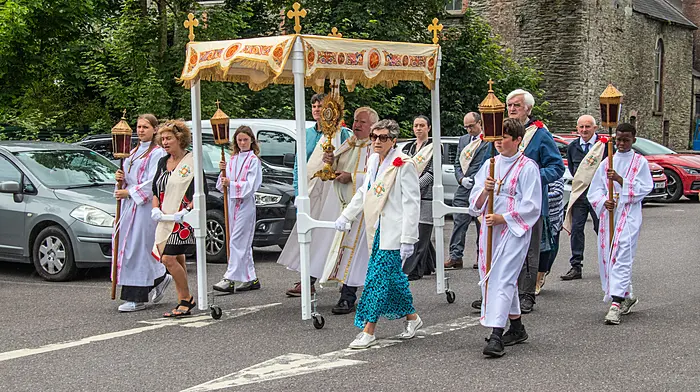Parish priest Fr Tom Hayes leading the Corpus Christi procession from the Clonakilty Church and around the streets of the town.   (Photo: Gearoid Holland)