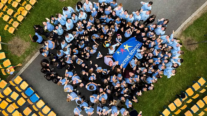 Irish international athlete Fiona Everard was the guest of honour at the raising of the Active School flag ceremony at St Mary's Central School in Enniskeane last Friday. The school was awarded the flag for energy and enthusiasm amongst the students.  (Photo: Andy Gibson)