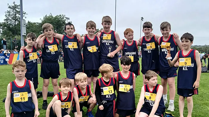 The boys from Carrigboy National School who participated in the Cork City Sports. Back: Jayden O'Sullivan, Zach McCarthy, Kevin Hickey, Jack Levis, Owen Coughlan, Quintin Horstmanshoff, Jamie Ward, Tadhg O'Connor and Alex Coughlan. Front: Ciarán O'Sullivan, Finn Russell, Calum Casey, Shane Casey, Aaden Harrington and Clinton McCarthy. Owen Coughlan, Alex Coughlan and Indie O'Sullivan won trophies on the day.