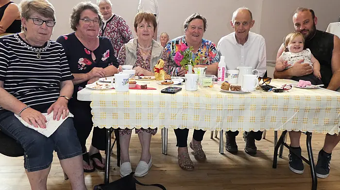 Enjoying the coffee day held last Saturday for the Clonakilty Community Hospital Day Care were Julia Mary Slyne, Eileen O'Mahony, Kathleen Crowley, Kay Keohane, Kevin O'Sullivan, Richard Smith and baby Grace.