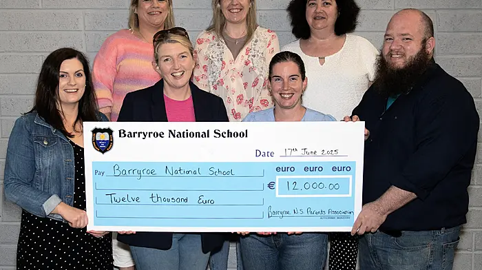 The Barryroe National School parents association presented a cheque for €12,000, the proceeds from various fundraising events throughout the school year, to Barryroe National School. Fron: Eilish Murphy (treasurer, BNSPA), Orla Whelton (school principal), Mags O'Leary (BNSPA) and Zachary Tyndall (treasurer, Barryroe National School board of management).  Back: Ellen O'Driscoll (BNSPA), Ciara Casey (BNSPA) and Deirdre Griffin (board of management).   (Photo: Martin Walsh)