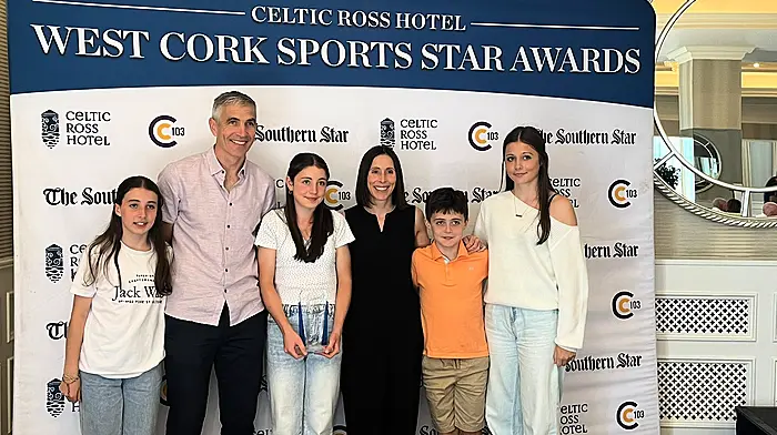 The Harte family from Ardmore at the Celtic Ross Hotel where Aoife Harte, captain of the victorious Cork All-Ireland ladies U14 football team, was the recipient of a West Cork Youth Sports Star award. From left: Isobel, Liam, Aoife, Emer, Daniel and Cliona.