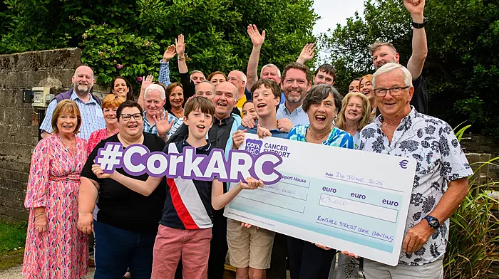 Strictly Kinsale raised over €30,000 and donations were made to five charities. Pictured are dancers and committee members with Paul Eaton presenting a cheque to Stephen Teap, CEO of Cork Arc House with his sons Noah and Oscar.  (Photo: John Allen)