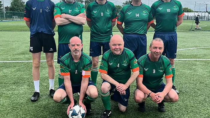 Cork had three athletes playing for Transplant Sport Ireland in a football match against Kilcullen FC in Kildare recently. The West Cork men were Val Weblin (middle, front row), Mike Keohane (back, second from right) and Hugh Nolan from Mallow (front, right). The game ended on a 1-1 draw and powerfully shows that organ donation works.