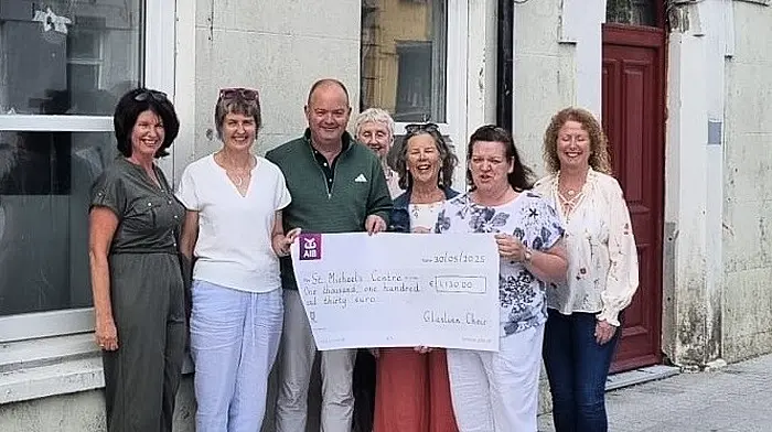 The Glaslinn Choir recently presented a cheque to St Michael’s Centre, the proceeds of their concert held in May in the Bandon Town Hall. Included in the photo are Eveline Fogarty, Antoinette Baker, Roger Pearson (accepting the cheque on behalf of St Michaels), Helen O'Leary, Margaret Desmond, Brenda Ryan O'Riordan and Fiona O'Donovan.
