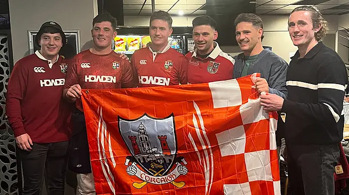 Supporting the Rebels in Australia were, from left, Dave Kiely (Barryroe), Jack Breen (Skibbereen), Sean Holland (Barryroe), Daniel O'Driscoll (Lisheen), Eoghain Deasy and Ewan Courtney (Clonakilty).