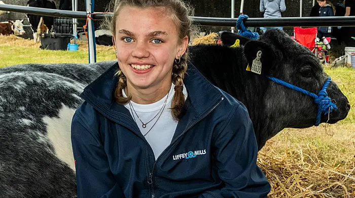 Clonakilty, West Cork, Ireland. 8th Jun, 2025. Clonakilty Agricultural Show took place today in the West Cork Town. Thousands of people attended the show which is in its 108th year. Taking time out with her Belgian Blue cow called Spencer was Grace O'Donovan from Dunmanway Picture: Andy Gibson.