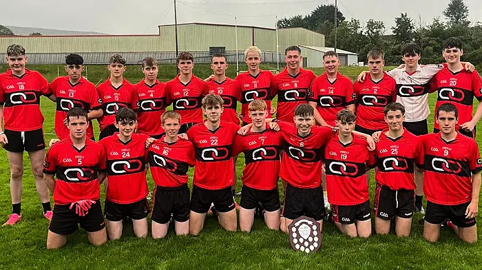 The Owen Gaels U18 team, winners of Rebel Óg Thiar D2 football league final versus Castletownbere. Back: Jack O'Sullivan, Harry Donegan, Joe Twomey, Shane O'Hare, Jerry O'Leary, Liam Ryan, Gearóid Donegan, Matthew Buttimer, James Hansberry, Mark Walsh, Cormac Moroney and Donnacha Hickey. Front: Andrew McCarthy, Robert McCarthy, Donnachadh Keohane, Éoin Donegan, Darragh Murphy, Mike Crowley, Daniel McCarthy, John Bates and Flor McCarthy.