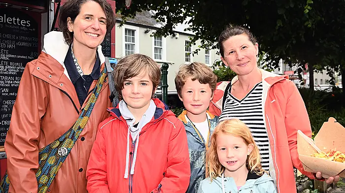 Enjoying the Friday market in Clonakilty were Allison Roberts and Ari Groves from Clonakilty with Nathan, Eloise and Liz O'Leary from Timoleague.  (Photo: Martin Walsh)