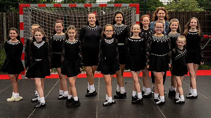 Scoil Rince Carney dancers performed at the Durrus family festival last Sunday.  Back: Kaiya O’Sullivan, Caoimhe Cronin, Leona Dempsey, Laura Cronin, Hannah O’Driscoll, Deirdre Cronin, Peggy O’Sullivan and Saoirse O’Driscoll. Front: Kelsey Lynch, Pippa Connolly, Abbie Collins, Saidbh O’Driscoll, Tanya Dempsey and Fiadh O’Driscoll.  Photo courtesy of Vaughn Taylor.