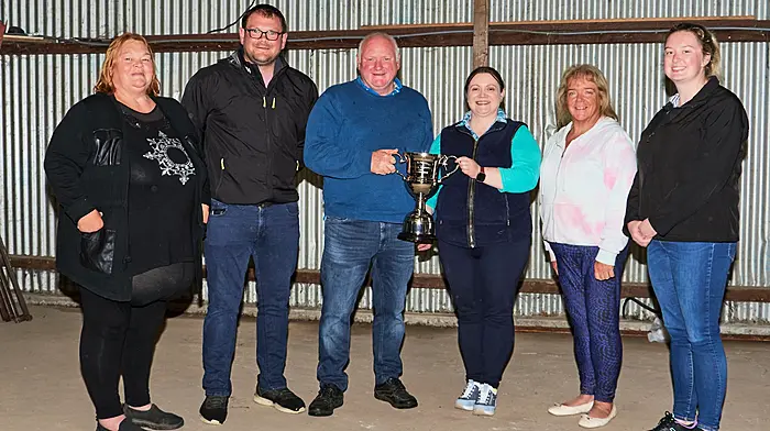 Dunmanway Agricultural Show will take place on Sunday July 6th at Droumleena Race Course. The committee is honoured to accept a beautiful new perpetual cup in memory of the late Sam Kingston, Carrigbawn, Drinagh. The cup will be presented to the champion Irish Draught Horse at the show on Sunday. Sam was a faithful supporter of the show for many years and held the honour of attending the very first show and every show from then on. His son Jim and wife Imelda along with their son Sam and daughter Linda are now continuing the tradition of showing beautiful horses and are loyal supporters of the show. From left: Imelda Kingston, Sam Kingston, Jim Kingston, Catherine Cotter, Chrissie O’Mahony and Tara O’Shea.  (Photo: Noel M Photography)