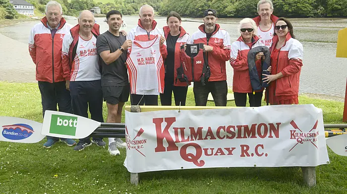 Pat O'Neill, John Quinn, Dean Heart, JJ McCarthy, Norma Lordan, Bill Bennett,  June Tattersall, Pat Ryan and Ann Marie Lynch at the presentation of the new kit to the Kilmacsimon Quay Rowing Club.   (Photo: Denis Boyle)