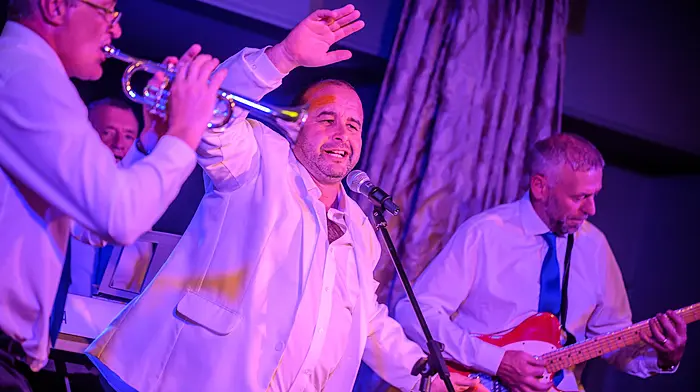 Michael Collins, Alan Vaughan, Kevin Corkery and Thomas O’Sullivan from Belgooly as Joe Dolan and the Goolies at Kinsale LipSync in Actons Hotel on Saturday night. All proceeds were in aid of Kinsale Lourdes Fund. (Photo: John Allen)