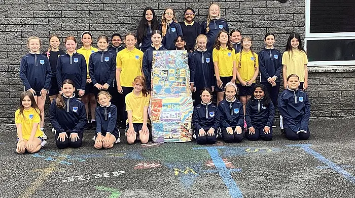 The fourth class girls of Bandon Primary School with their award-winning entry to the Repak Re-Imagine Challenge. The girls were mentored by their teachers Deirdre Waugh and Bernadette Ryan.