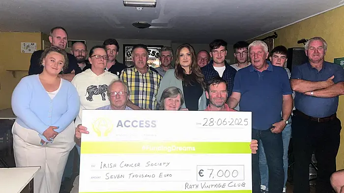 Rath Vintage Club held a presentation night of proceeds of their Threshing and Tractor Run charity events. They presented €1,500 to Skibbereen Geriatric Society and  €7,000 to Irish Cancer Society in memory of the late Danny Connolly. Back:

Pádraig Hegarty, Ivan O’Driscoll, Michael O’Mahony, Timmy McCarthy, Pat Whooley, Tadhg McCarthy and Eoin Whooley. Front: Síleann Connolly, Margaret Connolly, Willie Connolly, Caitlin Connolly, Christopher Connolly, Jerry O’Driscoll and John O’Sullivan. Seated: Alan Holmes, Margaret Kingston (night nurse) and Jim Collins.