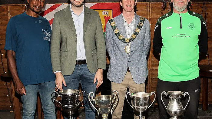 At the Clonakilty Soccer Club medal presentations were, Lorne Edmead, joint-manager; Senator Noel O'Donovan, Conan O'Donovan, Mayor of Clonakilty, and John Leahy, joint-manager.
