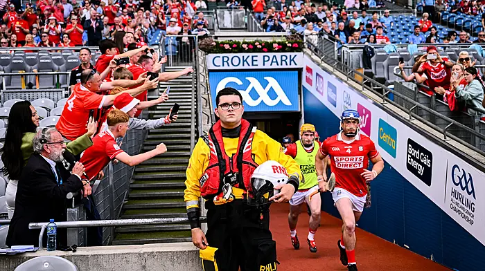Cork RNLI volunteers take to pitch at Croke Park to promote water safety Image