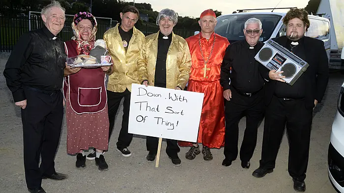 NEWS 12/7/2025 Pictured at the Bailiú na Banndan Summer festival was John O'Donovan, Roy Collins, David McSweeney, Fergus Moynihan, Aidan Glavin, Der O'Donovan and Steve Kelly as Fr Ted. Picture Denis Boyle