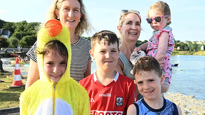 Catherine and Denise Foley (Timoleague) with Alfie, Fiona, Charlie and Annie Locke (Courtmacsherry) enjoying the Timoleague Tidy Towns fundraising duck race.  (Photo: Martin Walsh)