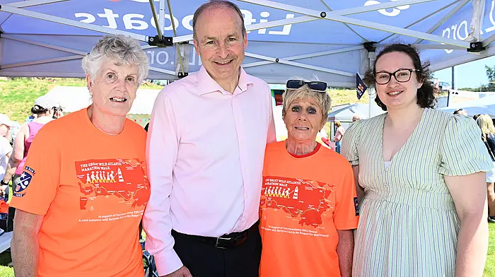 During his visit to the Barryroe Show, An Taoiseach Micheál Martin called to the Courtmacsherry RNLI stand where he chatted to Marjorie Turner, Joan O'Donovan and Rachel Kelly.   (Photo: Martin Walsh)