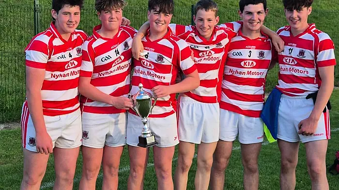 Eoin Harrington (captain), TJ Daly, Evan Daly, Shane Galvin, Tomás O’Riordan and Lucas Harrington after the U16 match where Courcey Rovers beat Aghabullogue 3-9 to 1-7 in the mid Cork D2 football league final.